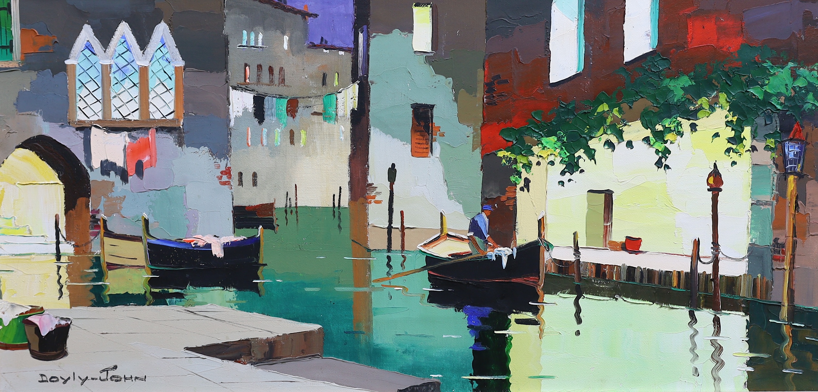 Cecil Rochfort D’Oyly John (English, 1906-1993), 'Venice off the Grand Canal, a side street near Placé Marco', oil on canvas, 35 x 71cm